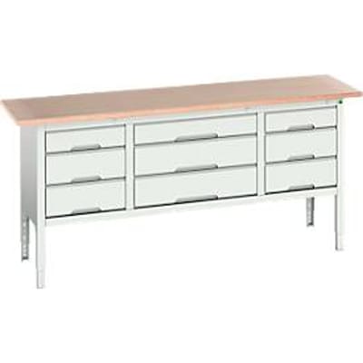 Bott verso box-type werkbank, met multiplex blad, 9 laden, B 2000 x D 600 x H 830 - 930 mm, lichtgrijs RAL 7035