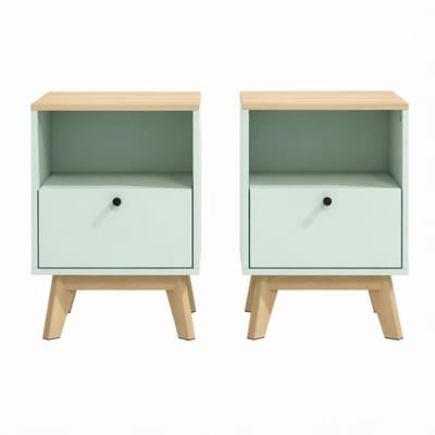 Nachtkastjes Set van 2 - Nachtkastje met Lade en Open Vak - MDF - Slaapkamer - Lichtgroen/Eiken - 40x40x55 cm