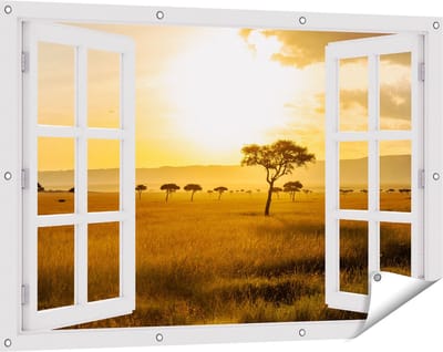Gards Tuinposter Doorkijk Zonsondergang in de Savanne - 120x80 cm - Tuindoek - Tuindecoratie - Wanddecoratie buiten - Tuinschilderij