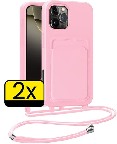 Hoesje Geschikt voor iPhone 16 Pro Telefoonhoesje Met Koord Case Pashouder Siliconen - Hoes Geschikt voor iPhone 16 Pro Hoesje Met Kaarthouder - Lichtroze - 2 Stuks