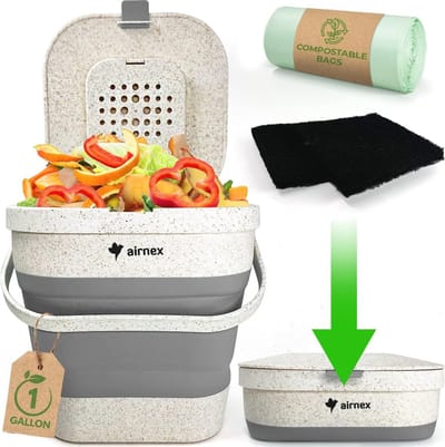 Opvouwbare voedselafvalbak voor keuken - Geurvrije compostcontainer van tarwestro met composteerbare zakken