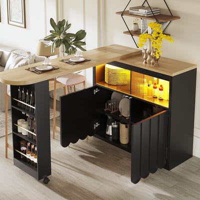 MODENUIT Bartafel - Uitschuifbaar Met LED En Opbergruimte - Keuken En Woonkamer - Zwart MDF En Glas - 135-205x39x100 Cm