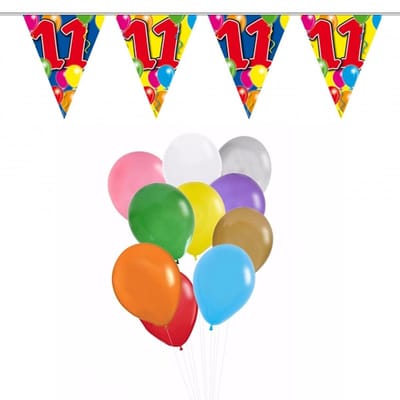 Folat Verjaardag 11 jaar feestartikelen set - 50x ballonnen - 2x leeftijd print vlaggenlijnen