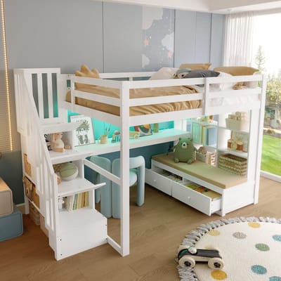DESMIU Hoogslaper 140x200 cm – Hoogslaper Met Bureau En Planken – Trap Met Opbergruimte En 2 Laden – Voor Jeugd En Slaapkamer – Grenenhout En Wit – Zonder Matras