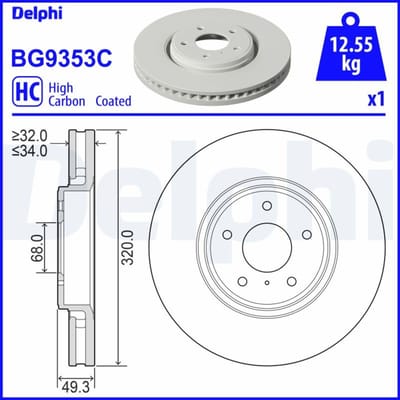 Remschijf DELPHI BG9353C voorkant, geventileerd, sterk gecarboniseerd, 1 Stuk
