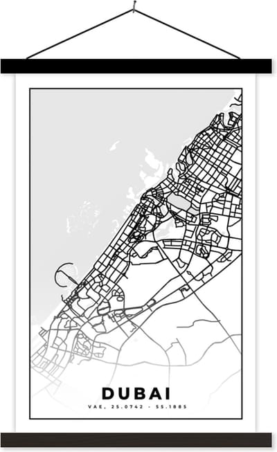 Posterhanger incl. Poster 40x60 cm - Schoolplaat - Dubai - Kaart - Stadskaart - Plattegrond - Zwart Wit - Textielposter - Zwarte latten - Stadskaart