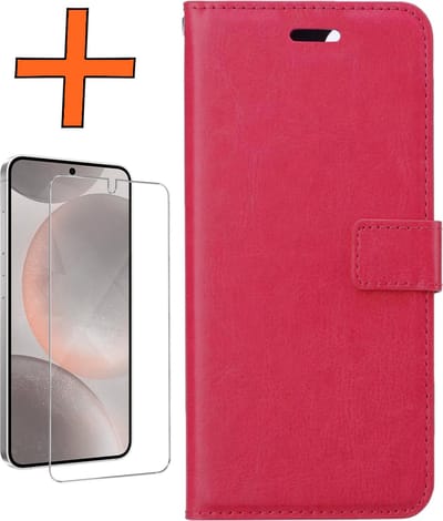 Hoes - Met Screenprotector - Geschikt voor Samsung Galaxy S24 - Luxe Pasjeshouder - Bookcase Portemonee - Flip Case - Kunstleer Book Case - Flipcase - Book Cover - Walletcase - PortemonneeHoes - Donkerroze