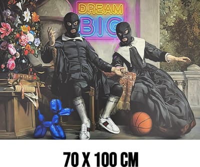 Allernieuwste.nl® Canvas Schilderij Street Art Koppel met Neon Dream Big – 70 x 100 cm – Urban Art – Wanddecoratie – Muurdecoratie