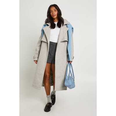 boohoo Dames Petite oversized trenchcoat met riem en wol-look | Grijze Mergel | Maat: 36