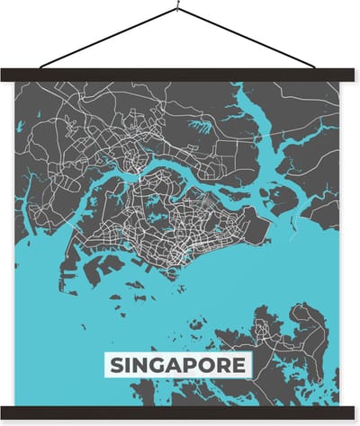 Posterhanger incl. Poster 60x60 cm - Schoolplaat - Singapore - Plattegrond - Blauw - Kaart - Stadskaart - Textielposter - Zwarte latten - Stadskaart