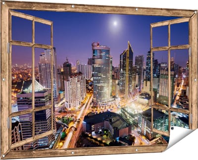 Gards Tuinposter Doorkijk Makati Stad Skyline in de Nacht in Thailand - 150x100 cm - Tuindoek - Tuindecoratie - Wanddecoratie buiten - Tuinschilderij