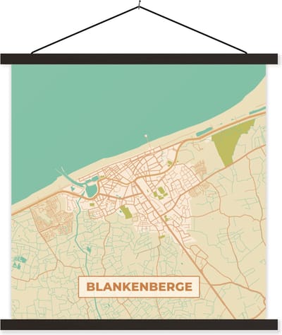 Posterhanger incl. Poster 60x60 cm - Schoolplaat - Blankenberge - Plattegrond - Vintage - Stadskaart - Kaart - Textielposter - Zwarte latten - Stadskaart
