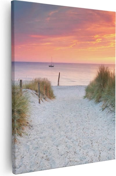 Artaza Canvas Schilderij Strand Zee - 80x100 cm - Groot - Wanddecoratie Zonsondergang - Muurdecoratie Duinen - Decoratie Kust