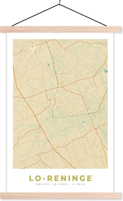 Posterhanger incl. Poster 40x60 cm - Schoolplaat - België - Lo-Reninge - Plattegrond - Kaart - Stadskaart - Textielposter - Blanke latten - Stadskaart