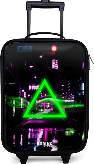 NoBoringSuitcases.com® - Kinderkoffer jongen - Kindertrolley meisje - Felgroen driehoek boven een stadstraat - Koffer kind lichtgewicht - Reiskoffer trolley voor kinderen - Koffertje met lichtgevende wieltjes - Rolkoffer zwart