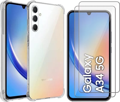 Hoesje geschikt voor Samsung Galaxy A34 - 2x Screen Protector GlassGuard - Back Cover Case ShockGuard Transparant & Screenprotector