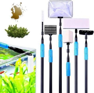 Complete Aquarium Reinigingsset met 6-in-1 Schoonmaakgereedschap, Telescopische Stok, Algen Schraper, Visnet en Grondborstel voor een Schone Watertank