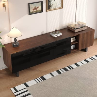 Tv-Meubel Hoogglans Zwart-Natuur - Modern Lowboard 180 cm met 4 Deuren - Greepvrij Design Tv-Kast - Zwart en Houtlook