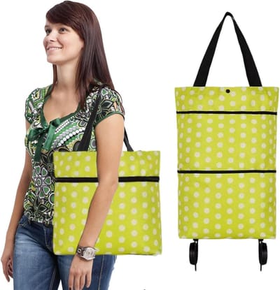 Vouwbare Winkelwagen met Opvouwbare Tas van Oxforddoek - Ideaal voor Boodschappen, Trolley en Verhuisdoeleinden - Groene Golfprint