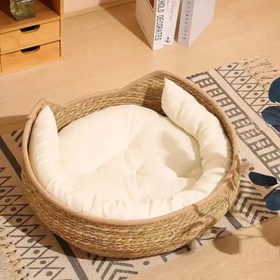 Kattenbed met Kussens - Rotan - Handgeweven - Kras- en slijtvast - Handgemaakt en uniek - 48cm