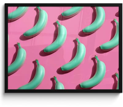 Poster in lijst - Fotolijst 80x60 cm - Posters - Bananen - Patroon - Blauw - Roze - Posterlijst zwart - Decoratie - Wanddecoratie woonkamer - Muurdecoratie slaapkamer