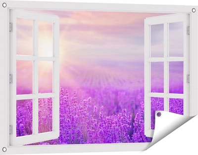 Gards Tuinposter Doorkijk Bloemenveld met Paarse Lavendel - 90x60 cm - Tuindoek - Tuindecoratie - Wanddecoratie buiten - Tuinschilderij