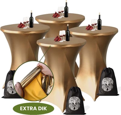 Statafelrok Goud x 4 – ∅80-85 x 110 cm inclusief Opbergtas – Statafelhoes Stretch Stof – Kras- en Vouwvrije Tafelhoezen Extra Dik – Sta Tafelrok – Statafelhoezen Voor Horeca, Evenementen, Feest, Bruiloft en Partijen