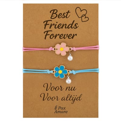 Vriendschapsarmbandjes voor 2 "Best Friends Forever" - Bloemetjes - BFF Armbandjes met Persoonlijk Cadeau Kaartje - Roze & Blauw - Elastisch Verstelbaar - Pax Amare