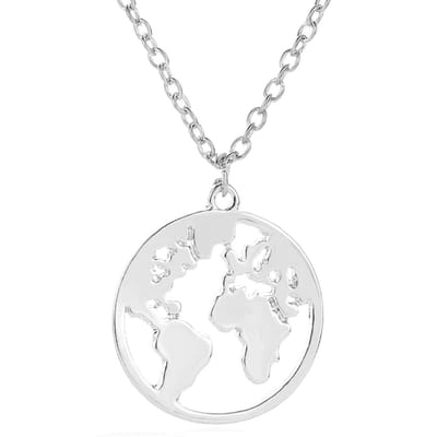 Ketting Zilverkleurig - Wereldbol Wereldkaart Aarde Wereld Hanger 2.4 cm - Dames Ketting - 45 + 5 cm