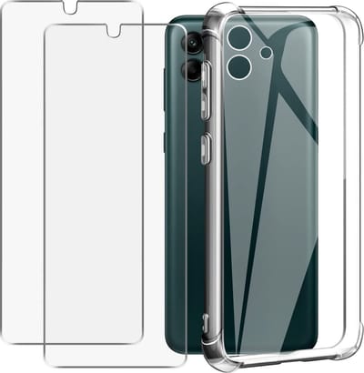 Casemania Hoesje Geschikt voor Samsung Galaxy A04E Transparant + 2X Glazen Screenprotector - Anti Shock Hybrid Back Cover