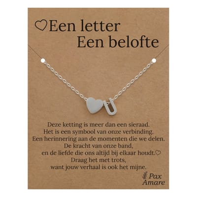 Letter U ketting op Cadeau Kaartje - Een letter, een belofte - 45cm Zilverkleurig Stainless Steel - Initiaal & Hartje Hanger - Pax Amare