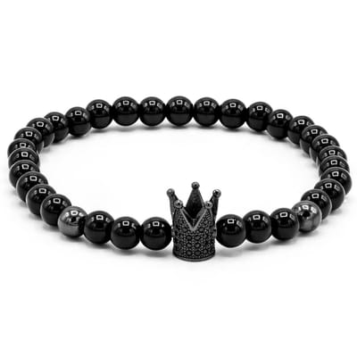Victorious Natuursteen armband – Armband Heren – armband dames – Zwarte Kroon – Zwart – 18cm