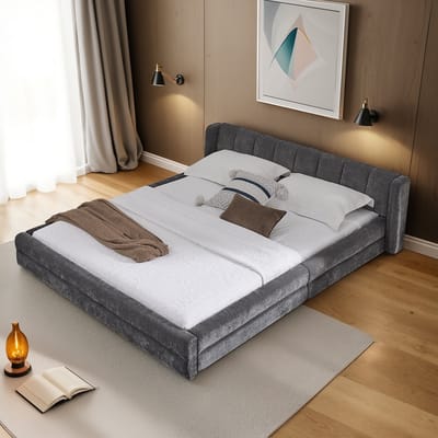 HAUSS SPOLE Gestoffeerd Bed 140x200 cm - Tweepersoonsbed met Comfortabele Rugleuning - Versterkt Frame en Geluidsarme Constructie - Chenille - Donkergrijs - Zonder matras