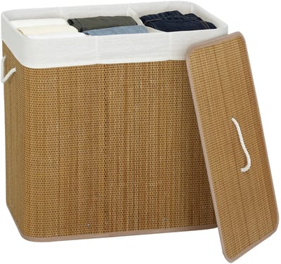 Bamboe wasmand met deksel - 3 compartimenten - 144 liter - wasmand met touwgrepen - uitneembare waszak
