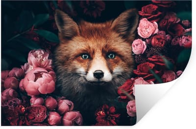 Muurstickers - Sticker Folie - Vos - Bloemen - Botanisch - Dieren - 30x20 cm - Plakfolie - Muurstickers Kinderkamer - Zelfklevend Behang - Zelfklevend behangpapier - Stickerfolie