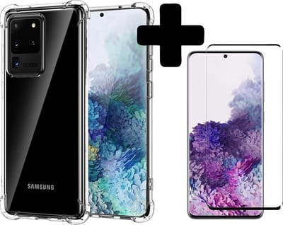 Hoesje - Met Screenprotector - Geschikt voor Samsung Galaxy S20 Ultra - Sterk & Shockproof - Siliconen Case - Back Cover - Telefoon Hoes - Shock Proof - Telefoonhoesjes - Transparant