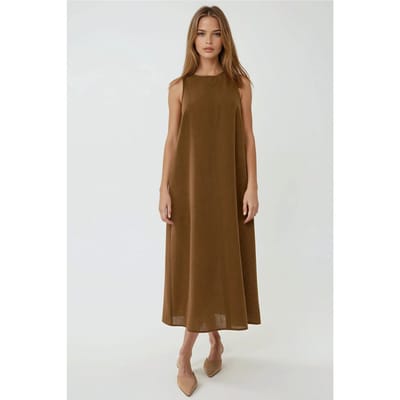 Linnen Voel Mouwloze Crew Neck Midi Jurk