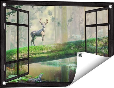 Gards Tuinposter Doorkijk Hert in het Bos op een Boom - 60x40 cm - Tuindoek - Tuindecoratie - Wanddecoratie buiten - Tuinschilderij