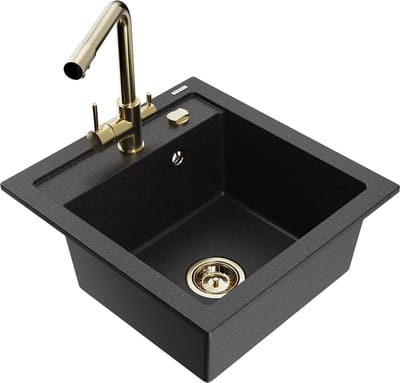 Mexen Vito granieten gootsteen 1-komor met keukenkraan Duero, zwart/zilver metallic - 6503-73-671600-50