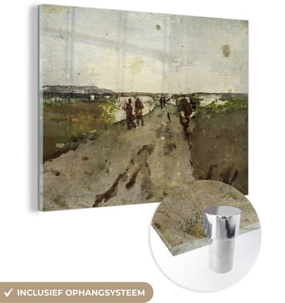 ® Glasschilderij 160x120 cm - Schilderij acrylglas - Landschap bij Waalsdorp met soldaten op manoeuvre - Schilderij van George Hendrik Breitner - Foto op glas - Muurdecoratie woonkamer - Wanddecoratie slaapkamer - Schilderijen