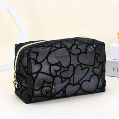 1 pièce Trousse de Maquillage pour Femme, Décor Flocking Cœur en Maille, Design Tendance & Minimaliste Cœur en Maille pour Usage Quotidien & Voyage, Organisateur de Maquillage et Articles de Toilette de Voyage noir