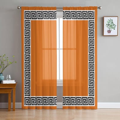 Oranje Eenvoudige Chinese Stijl Geometrische Transparante Gordijnen voor Woonkamer Decoratie Raamgordijnen Keuken Tule Voile Gordijnen W135 x H115cm x1 orange