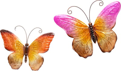 Anna Collection Wanddecoratie vlinders - 2x - oranje/roze - 32 x 24 cm/44 x 32 - metaal - muurdecoratie/schutting - dieren beelden