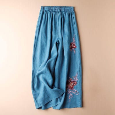 Geborduurde wijde broek dames zomer nieuwe stijl dames losse hoge taille dunne rechte casual broek dames 3XL blauw