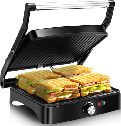 Aigostar Contactgrill XL - Tosti apparaat - Instelbare temperatuur -Voor 4 Tosti's - 28×25cm - PFAS vrij - 3-in-1 - 1800W - RVS/Zwart