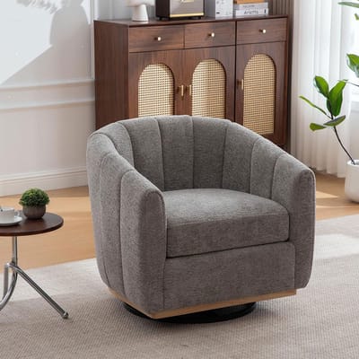 BLACKCOLORS Moderne poef van chenille met metalen voet, 360° draaibaar, gestoffeerde fauteuil met pomponversiering, clubfauteuil in pompoenvorm voor woonkamer, familiekamer, slaapkamer, lounge, GRIJS