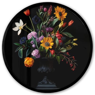 Poster in lijst Rond - Fotolijst 40x40 cm - Posters - Zonnebloemen - Boeket - Kleurrijk - Ronde posterlijst zwart - Decoratie - Wanddecoratie woonkamer - Muurdecoratie slaapkamer