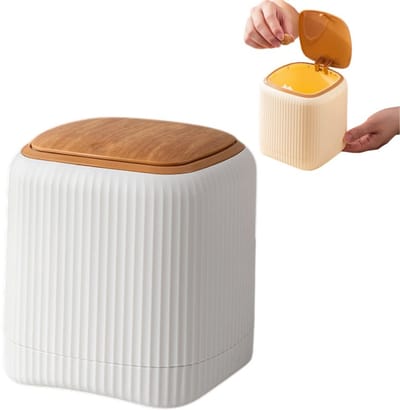 1 stuk Mini Push-Type Bureau Prullenbak - Handig om weg te gooien en ruimtebesparend - Kleine Badkamer Recyclingbak - Multifunctionele Opbergbak - 13,50*13,50*14,5cm - Netjes en Georganiseerd voor Badkamer Bureaus - Beige