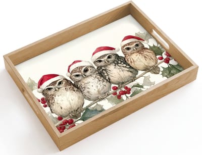 Dienblad hout 40x30 cm - Schootdienblad - Uilen - Tak - Hulstblaadjes - Kerstmuts - Borrelplank rechthoek - Plateau dienbladen