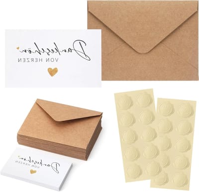 20 Stuks Kleine Bedankkaarten met Kraft Papier Enveloppen en Gouden Seal Stickers, Mini Bedankkaarten voor Verjaardag, Bruiloft en DIY Projecten, 9cm x 5.3cm